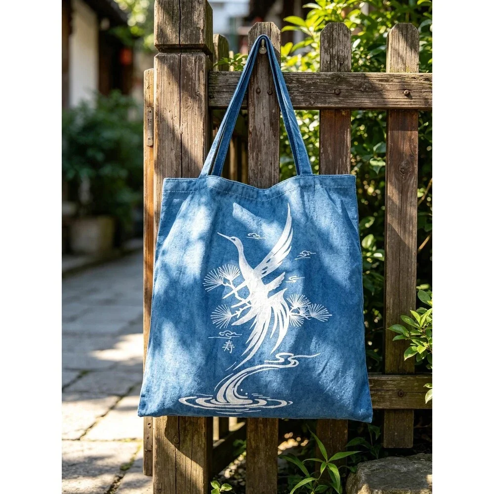 Nüshu Longevity Batik Tote Bag, Natural Indigo Pine & Crane Canvas Bag, Handmade